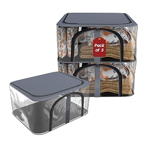 kuber industries pack of 3 pvc transparent 33l cloth organizer for wardrobe  storage bag for clothes large  dress organiser boxes for saree dresses bedsheet  storage box for clothes  grey