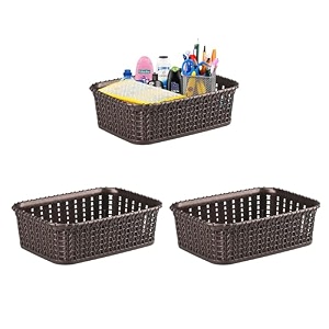 kuber industries pack of 3 small multi-purpose plastic basket for storage m15  spacious stationary amp jewellery holder  home organizers for kitchen bedroom amp dining table  brown