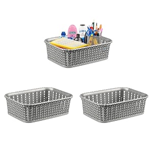 kuber industries pack of 3 small multi-purpose plastic basket for storage m15  spacious stationary amp jewellery holder  home organizers for kitchen bedroom amp dining table  light grey