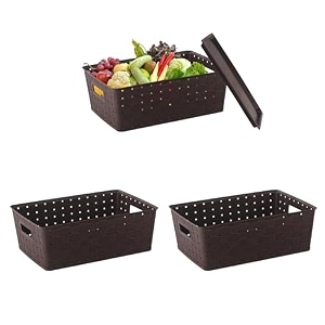 kuber industries pack of 3 stackable plastic 5 ltr storage box with lid  multi-purpose basket for storage amp home organizer for kitchen stationary medicine amp pooja item  cannes pattern - brown