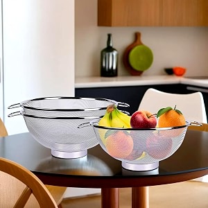 kuber industries pack of 3 stainless steel vegetables strainer  multipurpose colander basket for pasta-noodles-grains 10 inch  silver