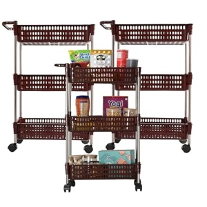 kuber industries pack of 3 storage rack with wheels  3-layer storage organizer rack  revolving vegetable rack  multipurpose storage rack for home amp office  kitchen spice rack  brown