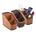 Kuber Industries Pack of 3 Stylish Plastic 3-Compartment Pen Holder for Office Table | Durable Pen Stand for Study Table - Versatile Stationery Organizer for Home, School &amp; Office Use | Brown