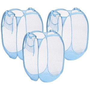kuber industries pack of 3 unwashed clothes storage basket  foldable laundry basket for clothes  mesh laundry bag  collapsible amp portable  30 ltr  blue