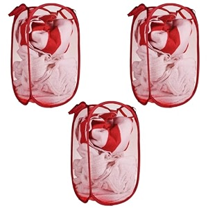 kuber industries pack of 3 unwashed clothes storage basket  foldable laundry basket for clothes  mesh laundry bag  collapsible amp portable  20 ltr  red