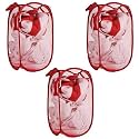 Kuber Industries Pack of 3 Unwashed Clothes Storage Basket | Foldable Laundry Basket for Clothes | Mesh Laundry Bag | Collapsible &amp; Portable | 30 LTR | Red