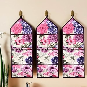 kuber industries wall hanging organizer  quilted fabric stationary organizer  waterproof 3 multi-purpose pocket  magazine organizer  foldable document holder  brown flower  cream