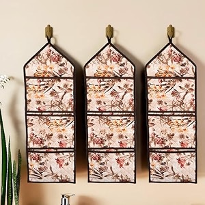 kuber industries wall hanging organizer  quilted fabric stationary organizer  waterproof 3 multi-purpose pocket  magazine organizer  foldable document holder  brown flower  cream