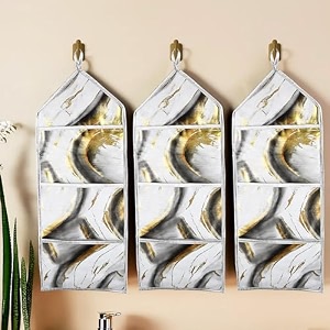 kuber industries pack of 3 wall hanging organizer  hanging stationary organizer  foldable document holder  3 multi-purpose storage pocket  magazine organizer  golden marble  grey