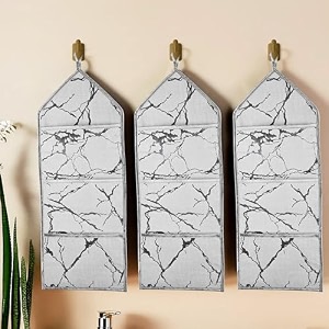 kuber industries wall hanging organizer  3 multi-purpose storage pocket  foldable document holder  hanging stationary-magazine organizer  marble-design  light grey