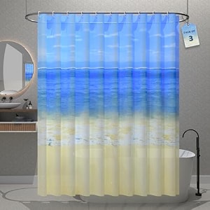 kuber industries pack of 3 waterproof 7134 x 7134 shower curtains for bathroom with 12 rings  washroom partition screen amp wall divider parda for bathing privacy  jy-5-2  beach print - blue