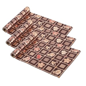 kuber industries pack of 3 waterproof amp durable kitchen mats for shelf liner roll  5 meters wipeable fridge sheets for shelves cabinet drawer  golden print - dark brown