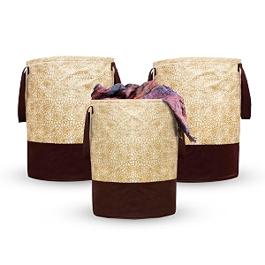 kuber industries pack of 3 waterproof canvas laundry baghampermetalic printed with handlesfoldable bin amp 45 liter capicitysize 37 x 37 x 46 brown