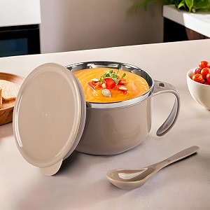 kuber industries 600ml airtight-lid stainless steel soup bowl with spoon amp holder  leakproof food container for noodles pasta amp milk  maggie bowl amp souptok for eating  brown