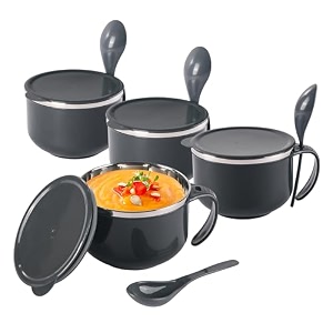 kuber industries 600ml airtight-lid stainless steel soup bowl with spoon amp holder  leakproof food container for noodles pasta amp milk  maggie bowl amp souptok for eating  grey