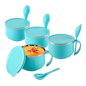 kuber industries pack of 4 airtight-lid 600ml stainless steel soup bowl with spoon amp holder  leakproof food container for noodles pasta amp milk  maggie bowl amp souptok for eating  blue