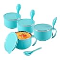 Kuber Industries Pack of 4 Airtight-Lid 600ml Stainless Steel Soup Bowl with Spoon &amp; Holder | Leakproof Food Container for Noodles Pasta &amp; Milk | Maggie Bowl &amp; Souptok for Eating | Blue
