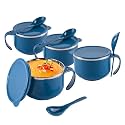 Kuber Industries Pack of 4 Airtight-Lid 600ml Stainless Steel Soup Bowl with Spoon &amp; Holder | Leakproof Food Container for Noodles Pasta &amp; Milk | Maggie Bowl &amp; Souptok for Eating | Navy Blue