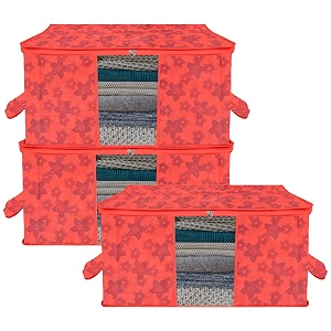 kuber industries pack of 3 - clothes storage bags  large - under-bed storage bag  foldable blanket storage box for comforter saree  zipper amp handle cloth organizer  flower-design - red