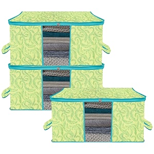 kuber industries pack of 3 - clothes storage bags  large - under-bed storage bag  foldable blanket storage box for comforter saree  zipper amp handle cloth organizer  leaf-design - green