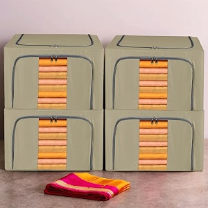 kuber industries pack of 4 clothes storage box  66 ltr  underbed storage bag  waterproof storage box for saree-shirts amp blankets  foldable parachute steel frame wardrobe organizer  brown