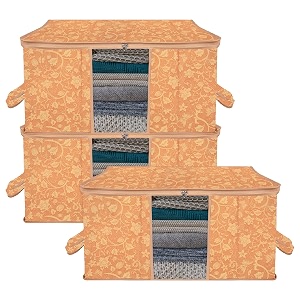 kuber industries pack of 3 - clothes storage bags  large - under-bed storage bag  foldable blanket storage box for comforter saree  zipper amp handle cloth organizer  new flower-design - brown