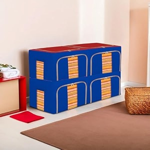 kuber industries pack of 4 clothes storage box  24 liter foldable steel frame clothes organizer  underbed storage bag  storage box for wardrobe-saree-shirts and blankets  red amp blue