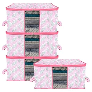 kuber industries pack of 4 - clothes storage bags  large - under-bed storage bag  foldable blanket storage box for comforter saree  zipper amp handle cloth organizer  floral-design - pink
