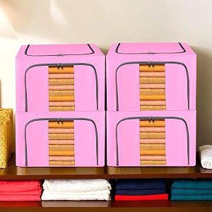 kuber industries pack of 4 clothes storage box  24 liter underbed storage bag  foldable parachute steel frame wardrobe organizer  waterproof storage box for saree-shirts amp blankets  pink