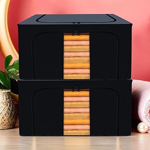 kuber industries pack of 2 clothes storage box  66 liter foldable steel frame clothes organizer  underbed storage bag  storage box for wardrobe-saree-shirts and blankets  grey amp black