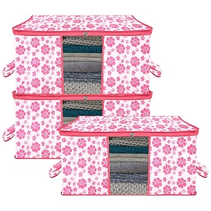 kuber industries pack of 3 - clothes storage bags  large - under-bed storage bag  foldable blanket storage box for comforter saree  zipper amp handle cloth organizer  flower design - pink