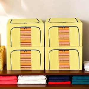 kuber industries pack of 4 clothes storage box  24 liter underbed storage bag  foldable parachute steel frame wardrobe organizer  waterproof storage box for saree-shirts amp blankets  yellow