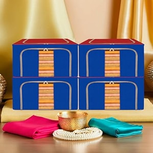 kuber industries pack of 4 clothes storage box  44 liter foldable steel frame clothes organizer  underbed storage bag  storage box for wardrobe-saree-shirts and blankets  red amp blue