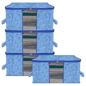 kuber industries pack of 3 - clothes storage bags  large - under-bed storage bag  foldable blanket storage box for comforter saree  zipper amp handle cloth organizer  lahariya-design - blue