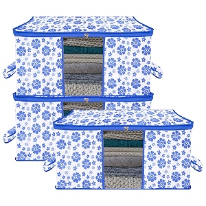 kuber industries pack of 3 - clothes storage bags  large - under-bed storage bag  foldable blanket storage box for comforter saree  zipper amp handle cloth organizer  flower design - blue