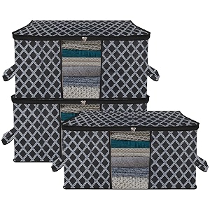 kuber industries pack of 3 - clothes storage bags  large - under-bed storage bag  foldable blanket storage box for comforter saree  zipper amp handle cloth organizer  check-design - black