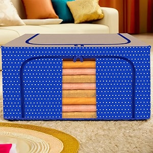 kuber industries 88 liter clothes storage box  foldable steel frame clothes organizer  storage box for wardrobe-saree-shirts and blankets  underbed storage bag  dot print  royal blue