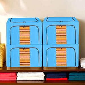 kuber industries pack of 4 clothes storage box  24 liter underbed storage bag  foldable parachute steel frame wardrobe organizer  waterproof storage box for saree-shirts amp blankets  sky blue