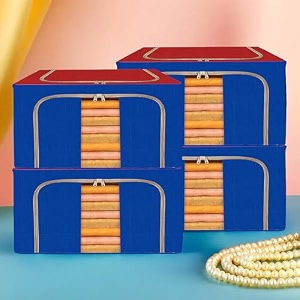 kuber industries 88 liter clothes storage box  foldable steel frame clothes organizer  storage box for wardrobe-saree-shirts and blankets  underbed storage bag  dot print  royal blue