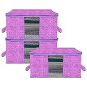 Kuber Industries Pack of 3 - Clothes Storage Bags | Large - Under-Bed Storage Bag | Foldable Blanket Storage Box For Comforter, Saree | Zipper &amp; Handle Cloth Organizer | Flower-Design - Purple
