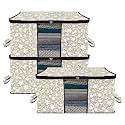 Kuber Industries Pack of 3 - Clothes Storage Bags | Large - Under-Bed Storage Bag | Foldable Blanket Storage Box For Comforter, Saree | Zipper &amp; Handle Cloth Organizer | Flower-Design - Grey &amp; Black