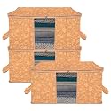 Kuber Industries Pack of 3 - Clothes Storage Bags | Large - Under-Bed Storage Bag | Foldable Blanket Storage Box For Comforter, Saree | Zipper &amp; Handle Cloth Organizer | New Flower-Design - Brown