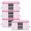 Kuber Industries Pack of 4 - Clothes Storage Bags | Large - Under-Bed Storage Bag | Foldable Blanket Storage Box For Comforter, Saree | Zipper &amp; Handle Cloth Organizer | Floral-Design - Pink