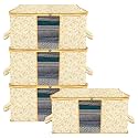 Kuber Industries Pack of 4 - Clothes Storage Bags | Large - Under-Bed Storage Bag | Foldable Blanket Storage Box For Comforter, Saree | Zipper &amp; Handle Cloth Organizer | Leaf-Design - Cream