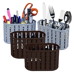 kuber industries pack of 4 cutlery holder  kitchen organizer with 3 compartments  stationery organizer  dining tableware stand  multipurpose desk organizer box  sunny  gray amp brown