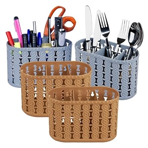 kuber industries pack of 4 cutlery holder  kitchen organizer with 3 compartments  stationery organizer  dining tableware stand  multipurpose desk organizer box  sunny  gray amp beige