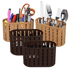 kuber industries pack of 4 cutlery holder  kitchen organizer with 3 compartments  stationery stand  dining tableware stand  multipurpose desk box  sunny  beige amp brown