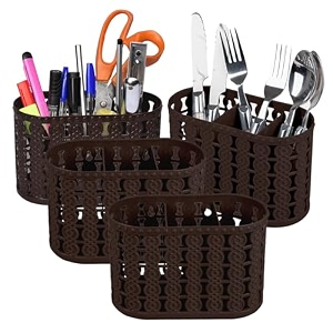 kuber industries pack of 4 cutlery holder  kitchen organizer with 3 compartments  stationery organizer  dining tableware stand  multipurpose desk organizer box  sunny  brown
