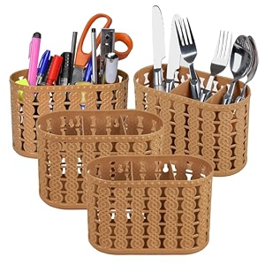 kuber industries pack of 4 cutlery holder  kitchen organizer with 3 compartments  stationery organizer  dining tableware stand  multipurpose desk organizer box  sunny  beige