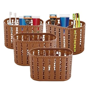 kuber industries pack of 6 hanging amp wall mounted 4 compartment tooth brush organiser amp shaving kit  kitchens cutlery stand  make-upskincare organizer amp comb holder for dressing table  beige